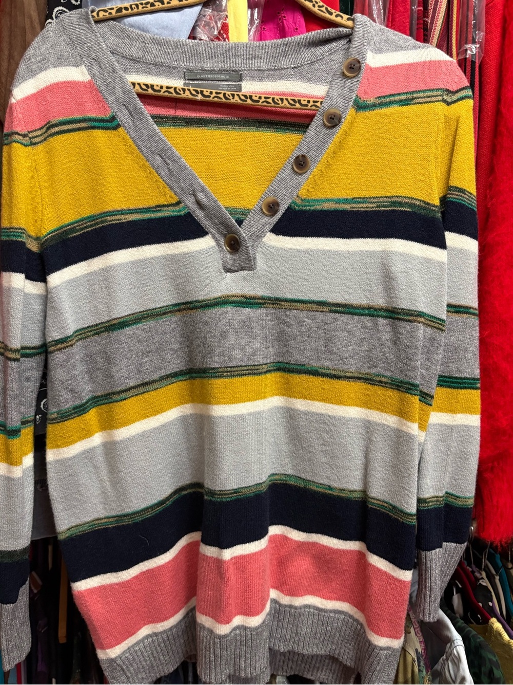 Anthropologie Multicolor Striped V-Neck Sweater — Gray, Mustard, Coral & Navy